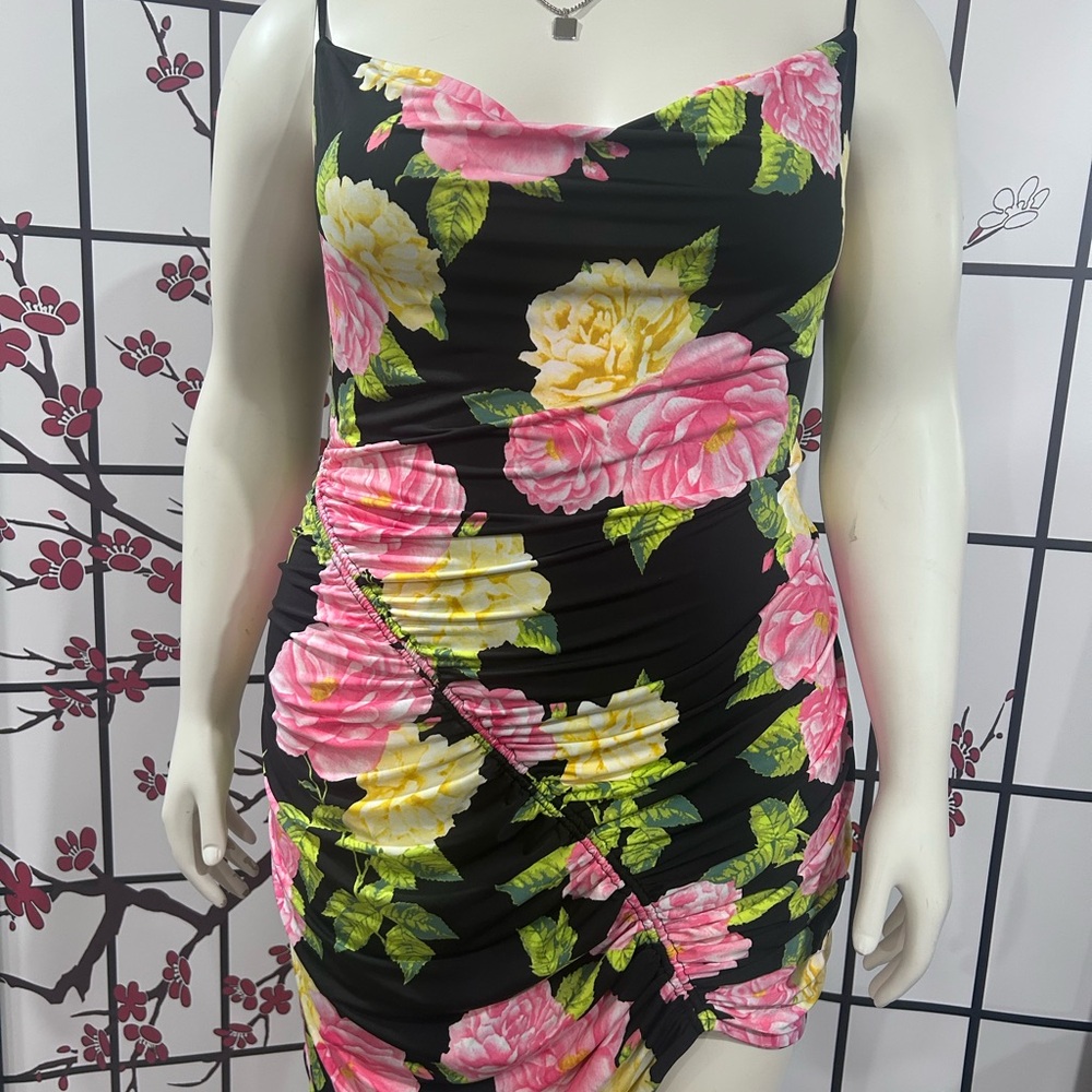 AFRM Ruched Pink and Yellow Bodycon Mini Dress
